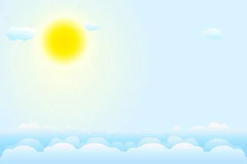 Blue sky background with white clouds and sun. Day and summer. Clear weather. Stock Illustration