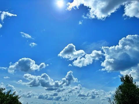 Blue sky background with white clouds. international climate day. Wind Day. W Stock Photos