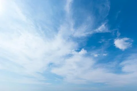 Blue sky background with white clouds cumulus floating soft focus. Stock Photos