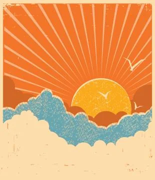Blue sky with beautifull clouds. Vector retro poster Stock Illustration