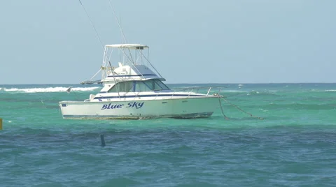 The Blue Sky boat floating on the Atlantic Ocean, Dominican Republic Stock Footage 50389361