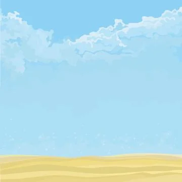 Blue sky cartoon background with clouds and sandy ground Stock Illustration