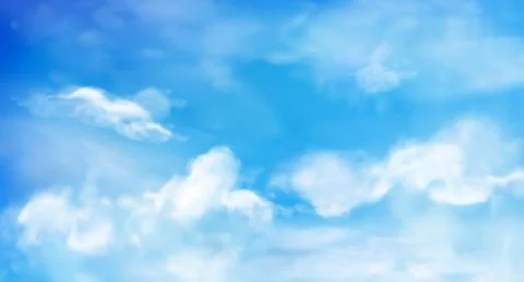 Blue sky, cloud. 3D Clear background. Wind in the air. Bright day. White hori Stock-Illustration