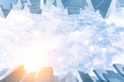 Blue sky with cloud in sunset light with modern city and wireless communicati Stock Photos