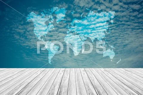 Blue sky cloud with Wood terrace and world map , process in vintage style Stock Photos