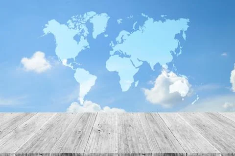 Blue sky cloud with Wood terrace, Map Foto stock