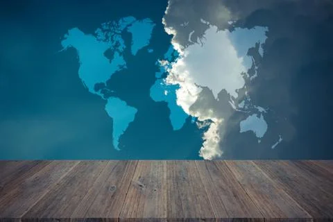 Blue sky cloud with Wood terrace , process in vintage style, Map Stock-Fotos