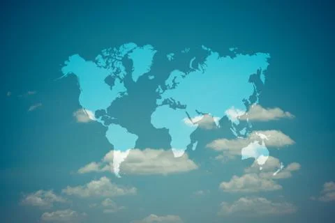 Blue sky cloud with world map , process in vintage style Foto stock