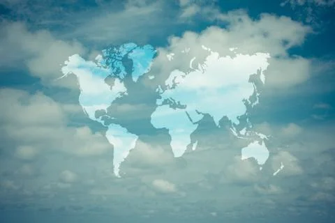 Blue sky cloud with world map , process in vintage style Stock Photos