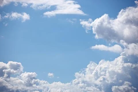 Blue sky, clouds and background in nature, outdoor and climate with space Stock Photos
