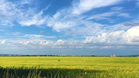 Blue sky with clouds and green field Stock Footage 113606124