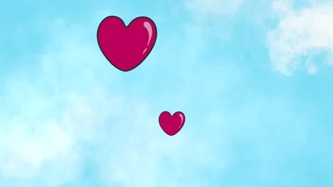 Blue sky with clouds and heart bubbles flying up,romantic cartoon,funny Stock Footage 237804462