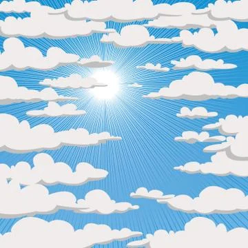 Blue sky with clouds and sun. Vector illustration Stock Illustration