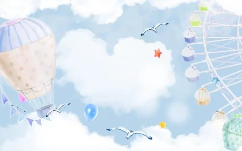 Blue sky with clouds, ferris wheel, balloons, albatrosses, colored stars Stock Illustration