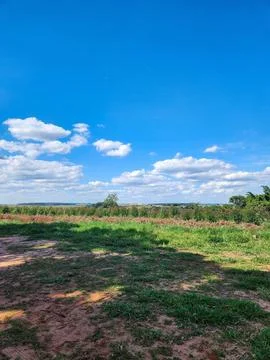 Blue sky with clouds over green fields. Stock Photos