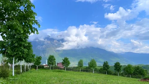 Blue sky with clouds over mountain view and green trees foreground Stock Footage 310247460