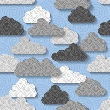 Blue sky with clouds pattern in cut out cartoon style. Stockillustratie