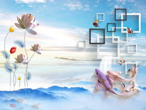 Blue sky, clouds, pink and lilac fish, fabulous flowers, rectangular frames Stock Illustration