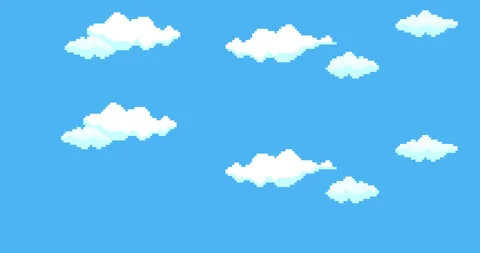 Blue sky with clouds. Pixel art game background. Design 8 bit video vector. Old  Stock Footage 316839982