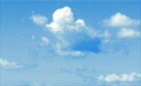 Blue sky collage with halftone effect. Vintage pop art style with dotted te.. Illustrazione stock