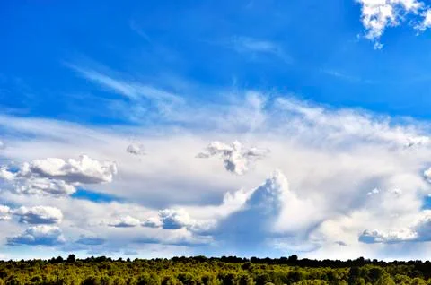Blue sky with defined white clouds over green field Stock Photos