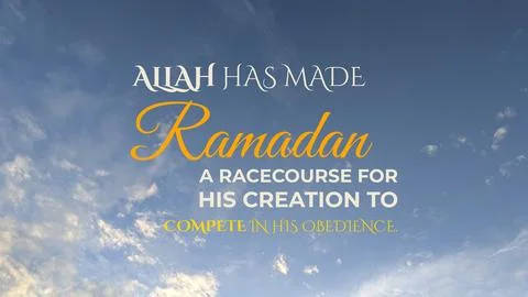 Blue sky filled with soft white clouds backgrounds an Islamic quote. Yellow.. Stock Photos