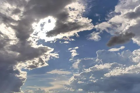 Blue sky full of white clouds, sunny day Stock Photos