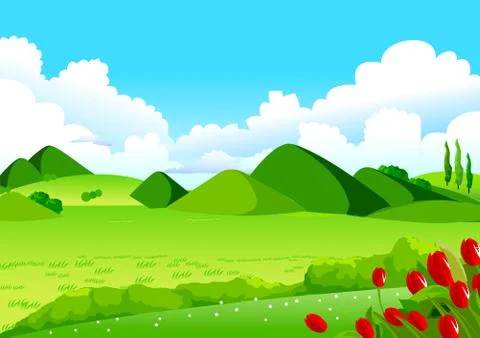Blue Sky, Green Fields and Distant Hills Stock Illustration