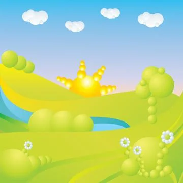 Blue sky, green grass, trees, clouds, sun and flowers abstract landscape vector  Illustration