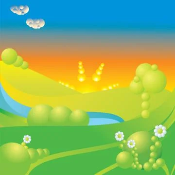 Blue sky, green grass, trees, clouds, sun and flowers abstract landscape vector  Illustration