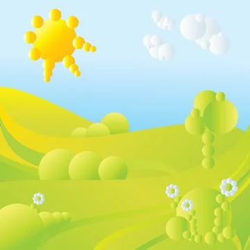 Blue sky, green grass, trees, clouds, sun and flowers abstract landscape vector  Stock Illustration