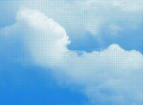 Blue sky with halftone clouds. Retro dotted texture. Vintage pop art style Stock Illustration