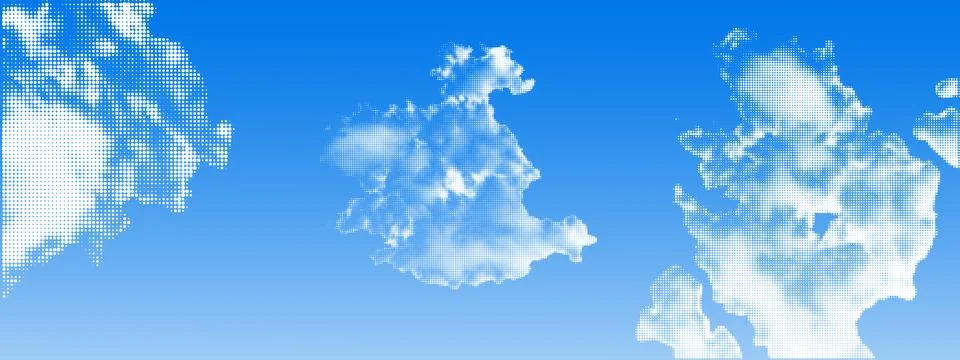 Blue sky with halftone dot clouds. Retro dotted texture. Vintage pop art styl 스톡 일러스트