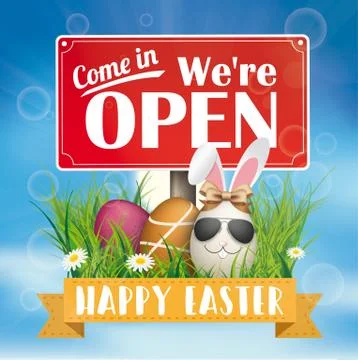 Blue Sky Happy Easter Sunglasses Hare Open Eggs Ribbon Grass Stock Illustration
