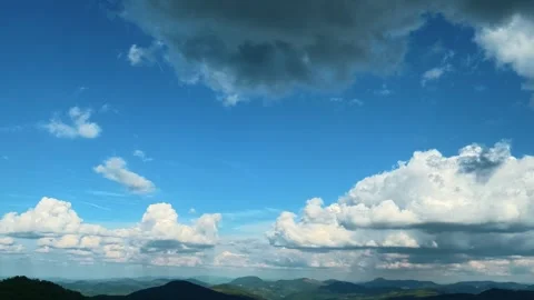 Blue sky with large, dark, fluffy clouds. Zlatibor Mountain, Serbia. Stock Footage 337120882