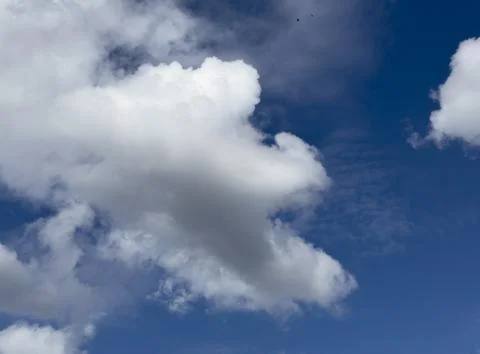 Blue sky with large white clouds. Soft cloud formations fill an open outdoor 库存照片