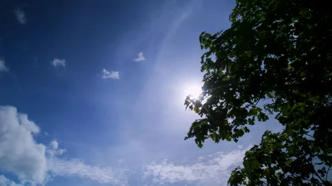 Blue sky with moving clouds depicts a sunny day and sun shines brightly Stock Footage 277902902
