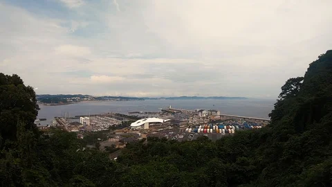 Blue sky ocean view of bay from top of Enoshima Island, Japan. 100fps. Video stock 129204427