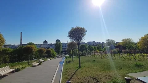 Blue Sky Over City Park Zielona Góra Path Cityscape View from Park Green Escape Stock Footage 307939577