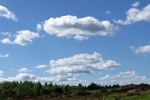 Blue sky panorama with clouds over tops of green trees . Stock Photos