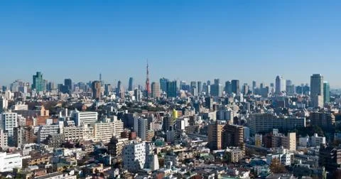 Blue sky panoramic view over downtown tokyo Stock Photos