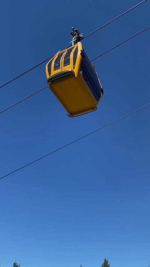 Blue sky with parallel overhead wires and moving cable cars Video stock 329306828