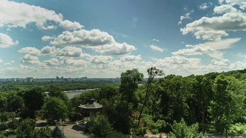 Blue sky, park and clouds view. Panoramic landscape nature sunny day Stock Footage 77585038