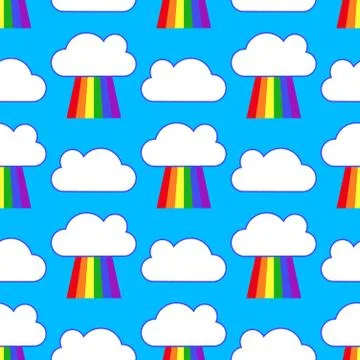 Blue sky with rainbows and clouds seamless pattern イラスト素材