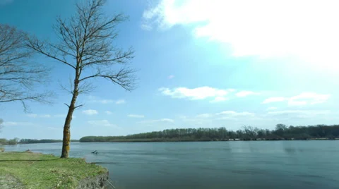 Blue sky, river and trees. Landscape. time lapse clip without birds Stock-Footage 37726355