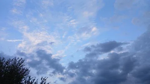 Blue Sky with Scattered Clouds and Tree Silhouette 스톡 사진