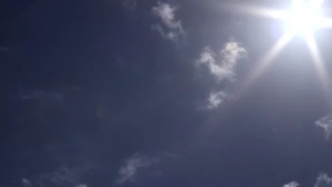 Blue sky with small clouds, sun, sunbeams - sky background - Real Time Stock Footage 154045413
