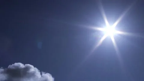 Blue sky with small clouds, sun, sunbeams, bird - sky background - Real Time Stock Footage 154204856