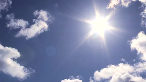 Blue sky with small clouds, sun, sunbeams - sky background - Real Time Stock Footage 154256334