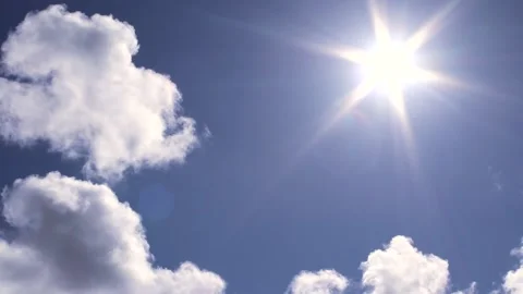 Blue sky with small clouds, sun, sunbeams - sky background - Real Time Stock Footage 154261593